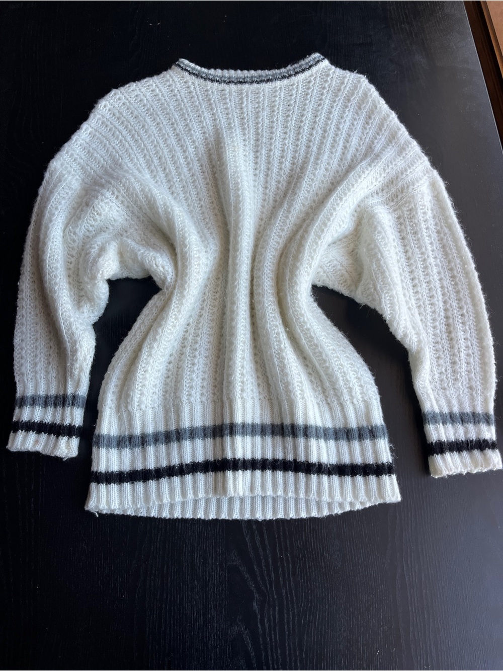Vintage White Chunky Knit Striped Trim Long Sleeve Sweater